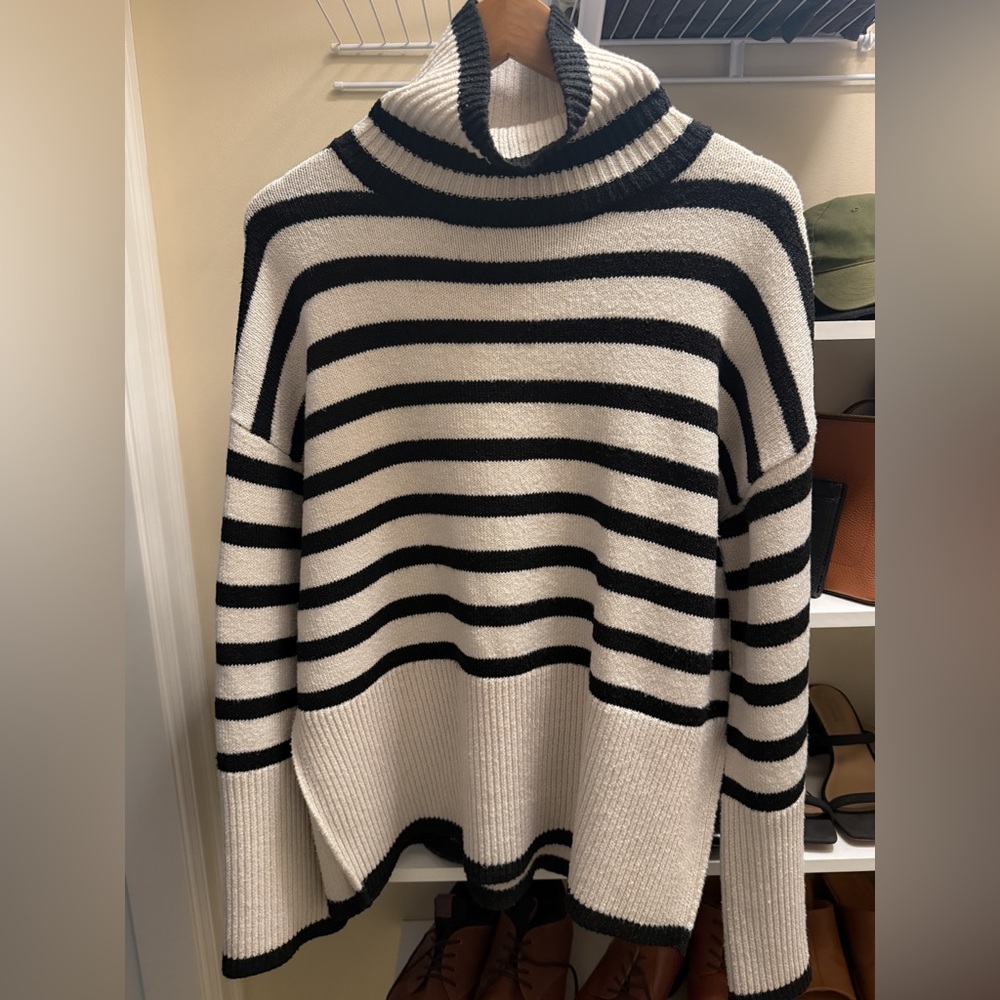 OAK + FORT Black and White Striped Turtleneck/Cowlneck Sweater